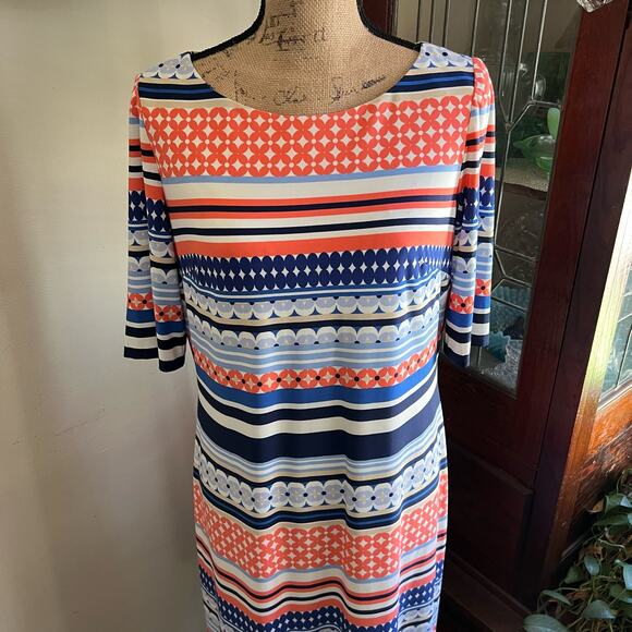Pink & Blue Mixed Print Midi Shift Dress Size 12 Scoop Neck Back Zip Bohemian - Picture 4 of 16